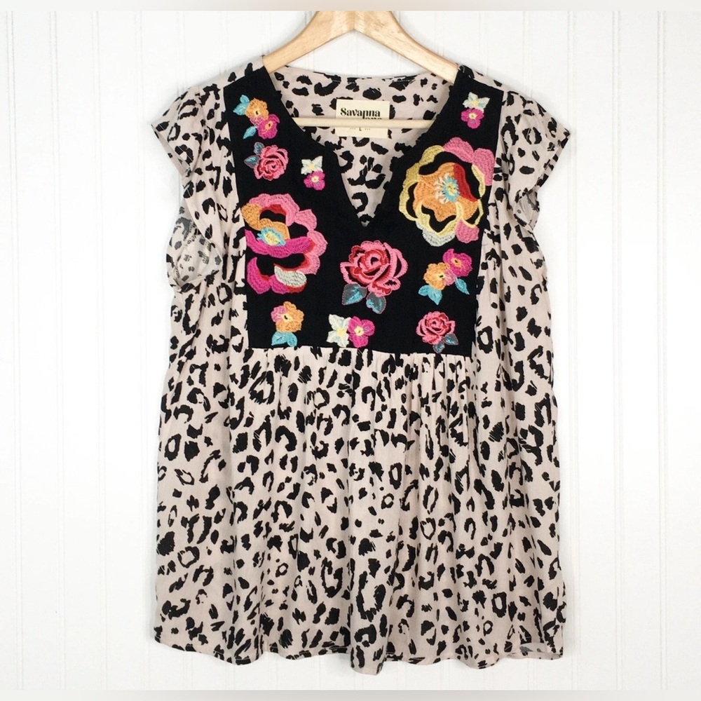 Savanna Jane Leopard Embroidered Floral Tunic Size Large